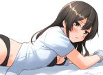  1girl black_bra black_hair black_panties blush bra breasts commentary_request gloves hair_ornament hairclip kantai_collection long_hair looking_at_viewer lying on_stomach open_clothes open_shirt oyashio_(kancolle) panties ray.s shirt short_sleeves solo underwear white_gloves white_shirt 