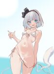  1girl :d bikini black_hairband blue_eyes blurry blurry_background blush breasts cleavage collarbone commentary commentary_request ghost grey_hair hairband highres horizon konpaku_youmu konpaku_youmu_(ghost) light_censor looking_at_viewer navel open_mouth pussy short_hair small_breasts smile soara_shimomo solo speech_bubble swimsuit textless_version touhou translation_request undone_bikini white_bikini 