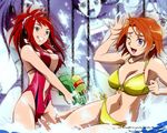  bikini character_request green_eyes long_hair multiple_girls my-hime non-web_source official_art orange_hair purple_eyes red_hair short_hair splashing sugiura_midori swimsuit tokiha_mai wallpaper water water_gun 