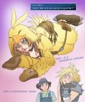  1girl 2boys aerith_gainsborough aerith_gainsborough_(chocobo_suit) armor bandaged_arm bandages bandaid bandaid_on_face bandaid_on_nose bird_costume black_hat blue_eyes blue_shirt blush breasts brown_gloves brown_hair chocobo chocobo_billy choker cleavage cloud_strife collared_shirt commentary drooling english_commentary final_fantasy final_fantasy_vii final_fantasy_vii:_ever_crisis final_fantasy_vii_rebirth final_fantasy_vii_remake flower_choker freckles full_body gloves green_eyes green_shirt grey_shirt hair_between_eyes hat head_on_hand herzenreine highres imagining long_hair looking_at_another lying medium_breasts mouth_drool multiple_boys official_alternate_costume on_side overalls parted_bangs parted_lips pauldrons purple_background purple_eyes shirt short_hair shoulder_armor sidelocks single_pauldron sleeveless sleeveless_turtleneck spiked_hair suspenders sweatdrop turtleneck undershirt upper_body 