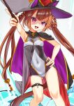 1girl absurdres animal_ears ass_visible_through_thighs black_cape blush braid braided_hair_rings breasts brown_hair cape commentary_request hair_rings hand_on_own_hip hat highres holding holding_wand horse_ears horse_girl horse_tail long_hair looking_at_viewer one-piece_swimsuit open_mouth purple_cape purple_eyes small_breasts smile solo sweep_tosho_(umamusume) swimsuit tail tatsumi_yashiro thigh_strap twintails umamusume wand witch_hat 