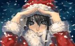  brown_eyes brown_hair christmas copyright_request hands hat hood lips long_hair ran'ou_(tamago_no_kimi) santa_costume santa_hat smile snow solo 