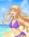  armpits beach bikini blue_eyes collarbone day hirasawa_meio long_hair looking_at_viewer macross macross_frontier outdoors sand sheryl_nome solo swimsuit very_long_hair water wavy_hair 