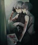  2boys 7_i_i aegyo_sal bathroom black_gloves black_shirt blue_eyes collared_shirt double-parted_bangs fingerless_gloves gloves grey_hair hair_between_eyes hand_on_another's_stomach hands_on_own_head highres holding holding_razor hug hug_from_behind indoors male_focus multiple_boys original parted_lips razor scar scar_on_arm self-harm shirt short_hair sink sleeveless sleeveless_shirt turtleneck white_hair white_shirt worried wrist_cutting yaoi yellow_eyes 