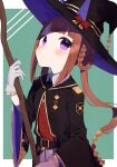  1girl absurdres animal_ears belt black_belt black_necktie black_robe blush braid braided_hair_rings broom brown_hair cloak closed_mouth collared_shirt commentary_request gloves hair_rings hat hat_with_ears highres holding holding_broom horse_ears horse_girl long_hair looking_at_viewer necktie open_cloak open_clothes purple_eyes red_sweater_vest robe shirt simple_background skirt solo sweater_vest sweep_tosho_(platanus_witch)_(umamusume) sweep_tosho_(umamusume) tsuchi_(sh_spica1) twintails umamusume white_gloves white_shirt white_skirt witch_hat 