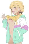  1girl blonde_hair blush bottomless braid breasts fang fujita_kotone gakuen_idolmaster hair_ribbon highres idolmaster jacket long_hair long_sleeves looking_at_viewer multicolored_jacket navel nipples open_mouth presenting_breasts ribbon shirt shirt_tug simple_background skin_fang skirt small_breasts smile solo stomach takku twin_braids white_background yellow_eyes yellow_shirt 