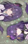  2girls absurdres blunt_bangs blush bridal_gauntlets catsharknian chinese_commentary collarbone commentary_request eu_sem_voce_(meme) fan_hair_ornament flower_ornament genshin_impact gradient_hair grass hair_ornament highres japanese_clothes kimono light_smile long_hair looking_at_viewer looking_up lying makoto_(genshin_impact) meme mole mole_under_eye multicolored_hair multiple_girls off_shoulder on_back outdoors purple_eyes purple_kimono raiden_shogun siblings sisters streaked_hair twins upper_body 