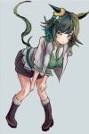  1girl animal_ears blush boots breasts brown_boots brown_shorts closed_mouth commentary_request ears_through_headwear full_body green_eyes green_hair green_vest hat horse_ears horse_girl horse_tail jacket kiseki_(miracle_author)_(umamusume) kiseki_(umamusume) large_breasts leaning_forward looking_at_viewer multicolored_hair shirt short_hair shorts simple_background solo streaked_hair tail umamusume vest white_jacket white_shirt yanagi_wakana yellow_hat 