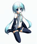  alternate_hairstyle aqua_hair bad_id bad_pixiv_id brown_eyes detached_sleeves hatsune_miku long_hair mikuma_folgore mouth_hold necktie open_clothes open_shirt shirt sitting skirt solo thighhighs twintails vocaloid zettai_ryouiki 