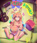  1girl birthday_cake blue_eyes blush bocchi_the_rock! cake character_name chromatic_aberration commentary_request cube_hair_ornament electric_guitar food from_above full_body gibson_les_paul gotoh_hitori guitar hair_between_eyes hair_ornament halftone halftone_outline happy_birthday hat highres holding holding_cake holding_food instrument jacket long_hair long_sleeves looking_at_viewer one_side_up open_mouth otto_tempest outline party_hat pink_hair pink_jacket sitting smile solo tatami track_jacket triangle_mouth wariza 