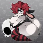 1:1 absurd_res anthro bat_accessory big_breasts big_butt bone breasts butt choker cleavage clothed clothing ear_piercing eyelashes female frankie_(vetarix) gradient_background hair hi_res huge_breasts huge_butt jewelry kneeling lagomorph legwear leporid looking_back mammal necklace open_mouth open_smile pattern_background pattern_clothing pattern_legwear pattern_stockings piercing rabbit red_hair simple_background skull smile solo stockings striped_clothing striped_legwear striped_stockings stripes vetarix
