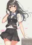  1girl black_hair black_skirt black_vest brown_eyes collared_shirt commentary_request dated dress_shirt gloves highres izumi_kuma kantai_collection long_hair one-hour_drawing_challenge oyashio_(kancolle) oyashio_kai_ni_(kancolle) pleated_skirt shirt skirt solo twitter_username vest white_gloves white_shirt 