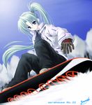  blue_eyes gloves green_hair long_hair non-web_source ponytail snow snowboard solo soul_link yuu_yamanami 