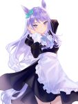  1girl absurdres animal_ears apron aqua_bow black_dress blush bow breasts closed_mouth commentary_request dress ear_bow ear_ribbon highres horse_ears horse_girl littleamber long_hair long_sleeves looking_at_viewer maid maid_apron mejiro_mcqueen_(umamusume) purple_eyes purple_hair simple_background smile solo umamusume white_apron white_background 