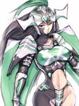  armor asymmetrical_clothes black_eyes black_hair breasts copyright_request curvy fumio_(rsqkr) green_hair helmet large_breasts long_hair looking_at_viewer midriff pauldrons samurai solo white_background wide_hips 