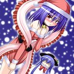  bare_shoulders blue_hair blush bococho christmas covering covering_crotch detached_sleeves dress hat hinanawi_tenshi multiple_girls nagae_iku red_eyes santa_costume shawl short_hair snow strapless strapless_dress touhou 