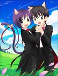  animal_ears bow bowtie cat_ears commentary_request copyright_request day flower formal grass male_focus multiple_boys nekoya outdoors purple_eyes purple_hair tail 