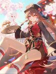  1girl :d alternate_costume azna black_hat black_nails blue_sky blush boo_tao_(genshin_impact) bracelet breasts brown_hair brown_jacket brown_sash brown_shorts cherry_blossoms chinese_clothes commentary_request cowboy_shot day falling_petals flower-shaped_pupils food food_request genshin_impact ghost grin hat highres holding holding_food holding_tray hu_tao_(genshin_impact) hu_tao_(sweets_paradise)_(genshin_impact) jacket jewelry kneehighs long_hair long_sleeves looking_at_viewer low_twintails official_alternate_costume on_mat open_mouth outdoors petals pyro_symbol_(genshin_impact) red_eyes red_jacket short_shorts shorts sitting sky sleeveless sleeveless_jacket small_breasts smile socks solo symbol-shaped_pupils tangzhuang tray twintails vision_(genshin_impact) white_socks wide_sleeves 