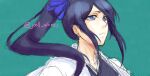  1girl black_hair bleach bleach:_epilogue blue_eyes commentary expressionless frown haori highres japanese_clothes jcell kuchiki_rukia long_hair portrait shihakusho side_ponytail sidelocks solo taichou_haori twitter_username white_haori 