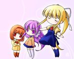  air blonde_hair chibi clannad closed_eyes company_connection crossover food fujibayashi_kyou hair_ribbon hairband hikarizaka_private_high_school_uniform kamio_misuzu kanon key_(company) long_hair lowres multiple_girls nekito orange_hair purple_eyes purple_hair red_eyes ribbon school_uniform short_hair taiyaki thighhighs tsukimiya_ayu wagashi 