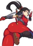  1girl absurdres armor ass black_hair bodysuit breasts brown_eyes cianter closed_mouth covered_nipples fighting_stance fingerless_gloves floating_hair foot_out_of_frame from_behind from_side gloves high_ponytail highres holding holding_sword holding_weapon katana kuji-in large_breasts long_hair looking_at_viewer looking_back mixed-language_commentary ninja ponytail red_bodysuit red_gloves sandals shoulder_armor solo soulcalibur sword taki_(soulcalibur) turtleneck turtleneck_bodysuit weapon white_background 