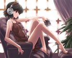  47agdragon akg armchair backlighting barefoot black_hair bob_cut chair curtains expressionless feet feet_on_chair from_side full_body headphones indoors k701 knees_up legs long_legs looking_away open_mouth plantar_flexion red_eyes shameimaru_aya short_hair sitting solo touhou window 