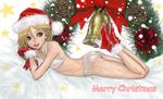  bad_id bad_pixiv_id bikini blonde_hair blue_eyes breasts christmas copyright_request gloves hat lying open_mouth pon santa_hat short_hair side-tie_bikini small_breasts smile snow solo swimsuit 