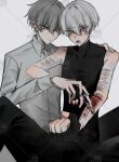  2boys 7_i_i aegyo_sal black_gloves black_shirt blue_eyes blur_censor censored collared_shirt double-parted_bangs fingerless_gloves gloves grey_hair hair_between_eyes highres holding holding_hands holding_razor implied_self-harm male_focus multiple_boys original razor scar scar_on_arm self-harm shirt short_hair sleeveless sleeveless_shirt spread_legs turtleneck white_hair white_shirt wrist_cutting yaoi yellow_eyes 