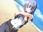  ashita_no_kimi_to_au_tame_ni beach blue_hair denim dutch_angle game_cg izumi_saya jeans kurashima_tomoyasu long_hair non-web_source one-piece_swimsuit pants purple_eyes solo swimsuit swimsuit_under_clothes undressing 