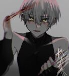  1boy 7_i_i :d aegyo_sal black_gloves black_shirt clenched_hand commentary_request double-parted_bangs drawing_on_fourth_wall fingerless_gloves gloves grin hair_between_eyes highres holding holding_razor male_focus original razor scar scar_on_arm self-harm shirt short_hair sleeveless sleeveless_shirt smile solo upper_body white_hair wrist_cutting yellow_eyes 