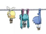  2girls blue_scarf chibi gojou_takeshi hanging hatsune_miku kagamine_rin kaito multiple_girls scarf suicide thighhighs twintails vocaloid 