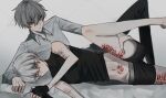  2boys 7_i_i aegyo_sal barefoot black_gloves black_shirt black_shorts blue_eyes clothes_lift collared_shirt double-parted_bangs fingerless_gloves gloves grey_hair hair_between_eyes hand_on_another's_leg head_on_pillow highres holding holding_razor leg_lift lying male_focus multiple_boys on_side original pillow razor scar scar_on_arm self-harm sexually_suggestive shirt shirt_lift short_hair shorts sleeveless sleeveless_shirt stomach turtleneck white_hair white_shirt wrist_cutting yaoi yellow_eyes 