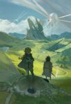  1boy 1girl ant antennae armor backpack bag black_hair blonde_hair blue_cape boots breastplate bug cape city coat day fantasy gauntlets grass highres hill insect_wings kuthi0510 landscape mountain multi-tied_hair original outdoors oversized_bug pesticide planted planted_sword ruins scenery sky standing sword thigh_boots weapon wings 