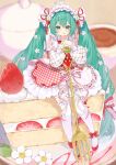  1girl :q absurdres aqua_eyes aqua_hair aqua_nails blurry blurry_background cake cake_slice checkered_clothes checkered_skirt commentary_request cup detached_sleeves fingernails flower food fork frilled_hairband frills fruit full_body hair_between_eyes hair_flower hair_ornament hairband hatsune_miku highres holding holding_fork long_hair long_sleeves looking_at_viewer mini_person minigirl musical_note musical_note_print musical_staff musical_staff_print nail_polish ririru skirt smile solo strawberry strawberry_cake strawberry_miku_(morikura) strawberry_slice teacup teapot thighhighs tongue tongue_out very_long_hair vocaloid white_skirt white_thighhighs 