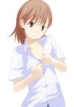  bad_id bad_pixiv_id brown_eyes brown_hair flat_chest flower hair_flower hair_ornament misaka_mikoto shirt short_hair solo to_aru_majutsu_no_index undressing yana 