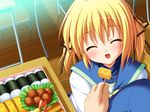  ^_^ blonde_hair closed_eyes clover_point feeding food game_cg meatball non-web_source pov_feeding school_uniform short_hair solo sushi takanashi_yaya twintails yuyi 