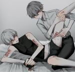 2boys 7_i_i aegyo_sal black_gloves black_shirt blue_eyes collared_shirt double-parted_bangs fingerless_gloves gloves grey_hair hair_between_eyes highres holding holding_razor long_sleeves lying male_focus midriff multiple_boys on_bed on_side original razor scar scar_on_arm self-harm shirt short_hair sleeveless sleeveless_shirt spread_legs turtleneck white_hair white_shirt wrist_cutting yaoi yellow_eyes 