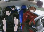  4boys angeal_hewley apple armor beard black_gloves black_hair black_pants black_shirt brown_hair car_interior closed_eyes coat commentary crisis_core:_final_fantasy_vii driving facial_hair final_fantasy final_fantasy_vii food fruit genesis_rhapsodos gloves grey_hair hair_over_one_eye hayashishisou highres long_hair multiple_boys open_mouth pants parted_bangs pauldrons red_coat red_gloves seatbelt sephiroth shirt short_hair shoulder_armor sleeveless sleeveless_turtleneck smile sparkle steering_wheel suspenders turtleneck untranslatable_commentary upper_body zack_fair 