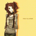  :d blush brown_hair buzz choker clothes_writing collarbone contemporary green_eyes kujikawa_rise looking_at_viewer lowres open_mouth parted_lips persona persona_4 shirt smile solo standing t-shirt twintails 