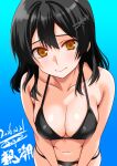  1girl bikini black_bikini black_hair black_skirt blue_background blush breasts brown_eyes cleavage collarbone commentary_request cowboy_shot dated engo_(aquawatery) hair_ornament hairclip kantai_collection large_breasts long_hair looking_at_viewer oyashio_(kancolle) skirt smile solo swimsuit 