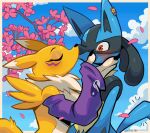 3_fingers absurd_res anthro arm_tuft armwear artist_name bandai_namco black_body black_claws black_fur black_nose blue_background blue_body blue_fur blush blush_lines boop breasts bridal_gauntlets cheek_grab cheek_tuft cherry_blossom claws clothing cloud colored countershade_torso countershading crossover curvy_figure date digimon digimon_(species) digital_drawing_(artwork) digital_media_(artwork) duo ear_piercing eyebrows eyelashes eyeliner eyes_closed facial_tuft female fingers flower fluffy fur gem generation_4_pokemon hand_on_cheek hand_on_face hi_res kissing long_ears lucario makeup male motion_lines neck_tuft nintendo nose_boop outside piercing pink_flower plant pokemon pokemon_(species) prunus_(flower) red_eyes renamon rock romantic romantic_couple shaded shocked shoulder_tuft simple_background size_difference sky standing stare surprised tail tail_motion tailwag tan_body tan_fur text tree tuft white_body white_countershading white_fur wolfang_fh yin_yang