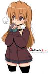  brown_eyes brown_hair eating oekaki onija_tarou original scarf solo thighhighs zettai_ryouiki 