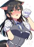  1girl :3 animal_ear_fluff animal_ears black_hair blush breasts cat_ears collared_shirt commentary_request dress_shirt extra_ears gloves green_eyes grey_vest hair_ornament hairclip hairpin highres kantai_collection looking_at_viewer medium_breasts nose_blush one-hour_drawing_challenge oyashio_(kancolle) paw_pose shirt simple_background solo taketora_suzume upper_body vest white_background white_gloves white_shirt 