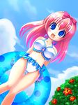  bikini blue_eyes day flower imeri_fuzuki innertube long_hair original pink_hair ribbon solo swimsuit 