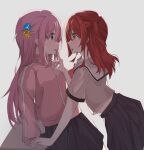  2girls absurdres arm_at_side black_skirt blue_eyes bocchi_the_rock! brown_sailor_collar brown_shirt choppy_bangs commentary_request cube_hair_ornament eye_contact gotoh_hitori hair_ornament hand_up highres holding_hands index_finger_raised jacket kita_ikuyo long_hair long_sleeves looking_at_another midriff_peek multiple_girls one_side_up open_mouth pink_hair pink_jacket pleated_skirt profile raised_inner_eyebrows red_eyes sailor_collar school_uniform serafuku shirt short_sleeves shuka_high_school_uniform simple_background skirt summerwood_000 track_jacket white_background yellow_eyes yuri 