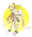  1girl blonde_hair blush boots border breasts closed_mouth dot_nose dress full_body green_pants highres leaning_forward long_hair long_sleeves looking_at_viewer magia_record:_mahou_shoujo_madoka_magica_gaiden mahou_shoujo_madoka_magica outside_border pants ponytail red_eyes round_border serizawa_serizane solo standing togame_momoko twitter_username watermark white_boots white_dress yellow_background 