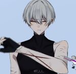  1boy 7_i_i black_shirt closed_eyes commentary_request cross_scar double-parted_bangs grey_hair hair_between_eyes holding holding_razor implied_self-harm male_focus original razor scar self-harm shirt short_hair sleeveless sleeveless_shirt solo turtleneck upper_body wrist_cutting 
