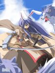  1girl animal animal_ear_hairband animal_ears arm_guards armor bad_id battle belt belt_buckle blue_eyes blue_hair brown_belt brown_capelet brown_dress brown_gloves brown_scarf brown_tabard buckle capelet cloud day dress fake_animal_ears gloves hairband holding holding_sheath holding_sword holding_weapon long_hair long_sidelocks looking_at_animal official_artist_extra open_mouth outdoors rabbit_ears ragnarok_online scarf sheath shoulder_armor sidelocks solo standing sword swordsman_(ragnarok_online) tabard unsheathed weapon wolf yellow_hairband yuichirou 