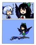  2girls 2koma black_hair blue_background blue_eyes chibi cirno comic death hachimillion long_hair lowres melting multiple_girls pun reiuji_utsuho simple_background touhou translated wings 