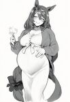  1girl absurdres animal_ears big_belly bow braid breasts cardigan closed_eyes collarbone ear_bow flower greyscale hand_on_own_stomach highres holding holding_flower horse_ears horse_girl horse_tail long_hair masoq medium_breasts monochrome open_cardigan open_clothes pregnant simple_background single_braid smile solo super_creek_(umamusume) tail umamusume white_background 
